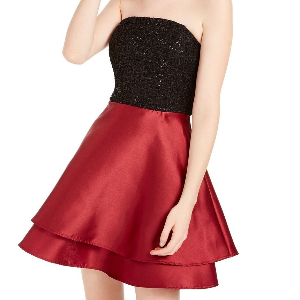 Speechless juniors sequined lace & satin fit and flare dress in red/black size 7